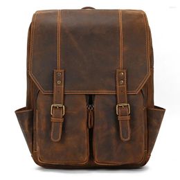 Backpack Mad Horse Real Leather Shoulder Bags Men Cow Double Zipper Layer Business Big Capacity 15.6 Inch Laptop Bag