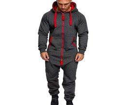 Men039s Tracksuits 2021 Mens Pure Colour Splicing Jumpsuit Men Onepiece Garment Pyjama Playsuit Zipper Hoodie Male Onesie Jumps8297647