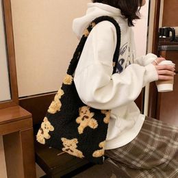 School Bags Women's Girls Fluffy Shoulder Bag Cute Bear Print Top-handle Female Autumn Winter Handbag Plush Tote Fashion Shop262v