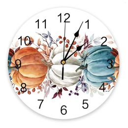 Wall Clocks Thanksgiving Pumpkin Eucalyptus Leaves Clock Large Modern Kitchen Dinning Round Bedroom Silent Hanging Watch