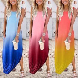 Casual Dresses Summer Long Dress Women Gradient Colour Oversized Cover Ups Irregular Hem Maxi With Pockets Female Sleeveless