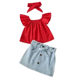 Clothing Sets 0-5Yrs Baby Girls Off Shoulder Clothes Outfits Sleeveless Crop Tops Denim Skirts With Belt Headband Summer Infant Kids