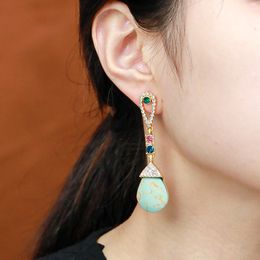 Vintage glass palace earrings gemstone inlaid with diamond copper gold plated turquoise earrings Mediaeval Jewellery New design DJ-04a