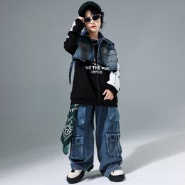 Kid Hip Hop Clothing Denim Blue Vest Jacket Long Sweatshirt Casual Multi Pockets Jeans Pants for Girl Boy Dance Costume Clothes