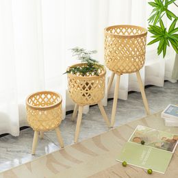 Nordic Living Room Flower Pot Stand Household Balcony Rattan Woven Basket Indoor Plant Stand Durable and Washable Plant Shelf
