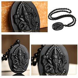 Ganesha Pendant Black Obsidian Pendant Carved Ganesh Elephant Lucky Pendants Free Necklace Fine Crystal Jewellery