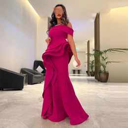 Party Dresses Sevintage Fuschia Satin Mermaid Prom Off The Shoulder Pleat Ruched Saudi Arabic Women Evening Gown Formal Dress