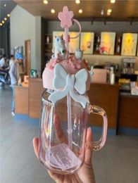 600ML Pink Sakura Cute Cat Straw Mugs Glass Cold Drink Cup Gift Product7138934