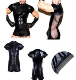 Men's G-Strings Wetlook Latex Catsuit Leather Man Jumpsuits Black Stretch PVC Mesh Bodysuits Sexy Clubwear Men Open Crotch Body Suit12041909