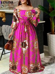 VONDA Women Printed Party Dress Sexy Off Shoulder Long Lantern Sleeve Bohemian Sundress Belted Vintage Maxi Robe Oversized 240403