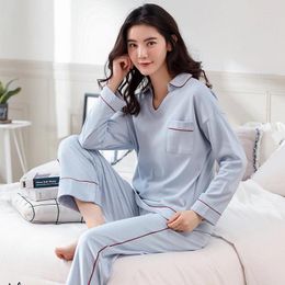 Home Clothing Solid Colour Cotton Material Top And Pants Pyjama Set Blue V Neck Women Suits Spring Autumn Long Sleeve Casual