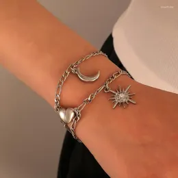 Charm Bracelets 2Pcs/Pair Cuba Chain Heart Magnet Attract For Couples Fashion Men's And Women's Creative Sun Moon