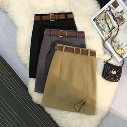 Skirts Autumn Winter Woollen Skirt Women Sexy Short Mini Retro High Waist Belt Split All-Match A-LINE 2024