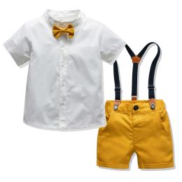 Shorts Boy Formal Clothing Suit Kid Solid Shirt Bow Yellow Shorts Belt Clothes Set Wedding Birthday Toddler Children Kids Boy Outerwear