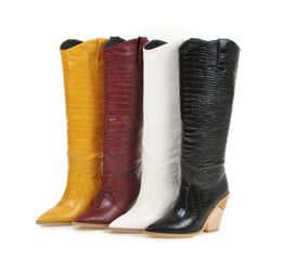 Boots Black Yellow White Knee High Women Western Cowboy For Long Winter Pointed Toe Cowgirl Wedges Motorcycle8156283