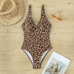 Women's Swimwear Brown Leopard Print One Piece Swimsuit For Women Slim V-neck Suspender Backless Bikini Beach Monokini 2024 Summer