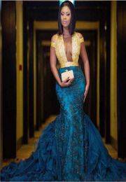 Sexy Hollow Front Sheer Neck Gold and Blue Lace Prom Gown Applique Ruffle OfftheShoulder Mermaid Long Train Formal Evening Party4975247