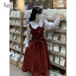 Casual Dresses Xgoth Retro Luxury Dress Bow Lace-up Embroidered Strap A-line High Waist Mid-calf Skirts Spring Trendy Clothes