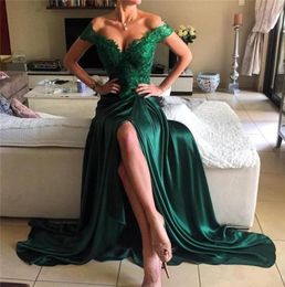 Emerald Green High Split Sexy Prom Dresses New Arrival Off the Shoulder A Line Vintage Lace Top Red Carpet Evening Gowns BA42964124611