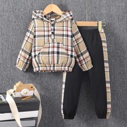 Clothing Sets 2024 INS Style Set Kids Boy Clothes Hooded Hoodie Pants 2-7Y Spring Autumn Casual Sport Super Cute Plaid Suit For Baby Boys