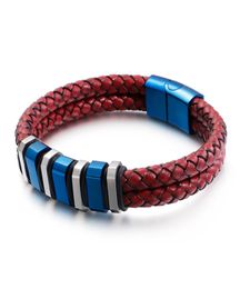 Woven Red Cowhide 2 Layer Braided Leather 12cm Width Multi Charm Bracelet 210mm Stainless Steel Men039s Cool Jewelry9595289