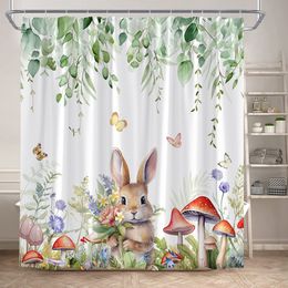 Funny Easter Shower Curtain Cute Rabbit Mushroom Butterfly Watercolour Flower Leaves Bath Curtains Fabric Bathroom Bathtub Decor