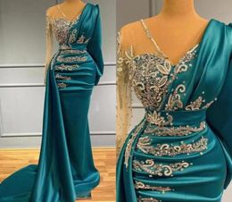 Long Sleeve Evening Dresses Formal Occasion Wear Gold Appliques Beads Hunter Sheer Neck Arabic Robe de soriee BC104172926656