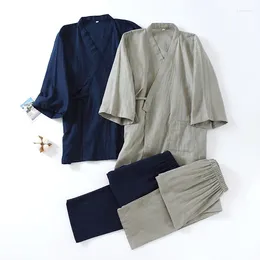 Home Clothing Mens Cotton Pajamas Japanese Kimono Yukata Sets Cardigan Sleepwear Stripe Short Sleeve Summer Loose Fashion