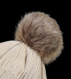 Brand Winter Warm Thicker Soft Stretch Cable Beanies Hats Women Faux Fur Pom Pom Knitted Skullies Caps3431100
