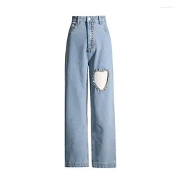 Women's Jeans Women Rhinestones High Waist Distressed Washed Straight-leg Holes Pants Spliced Thin Denim Loose Trousers Streetwear 2024