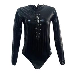 Latex Leather Sexy Lingerie V Neck Teddies Bodysuit For Women Long Sleeve Hollow Out Catsuits Erotic Costumes Porno Leotards