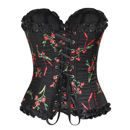 Black Corset Top Women Bustier Overbust Sexy Lace up Floral Lingerie Vintage Embroidery Floral Print Victorian Fashion