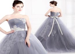 graceful grey aline strapless applique lace evening dress with long sash prom party gown ball gown2082586