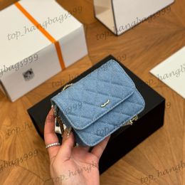 Womens Luxury Classic Mini Flap Quilted Denim Vanity WOC Shoulder Bags With Blue Ball Adjustable Strap Crossbody Cosmetic Case Makeup Purse Little Pouch 10X12CM