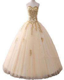 2021 Stock Gold Appliques Ball Gown Quinceanera Dress Sparkle Crystal Tulle Floorlength Sweet 16 Debutante Prom Party QC11226884981