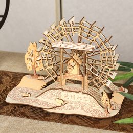 Lanzhou Waterwheel Wooden Puzzles 3D Building House Model Chinese Architecture DIY Assemble Jigsaw Toys For Children Kids