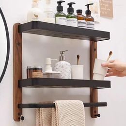 Kitchen Storage Toilet Vanity Shelf Non Perforated Towel Rack Wall Mounted Black Walnut Frame Solid Wood Bathroom