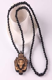 Good Wood Chase Infinite Deep Brown Lion head Pendant Wooden Beads Necklace Hip Hop Fashion Jewellery animal for women men chain1361780