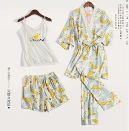 Home Clothing 2024 Fashion Spring Summer Women's Four-piece Pajamas Ladies Banana Print Ice Silk Sleepwear Suit Leisure Nightwear