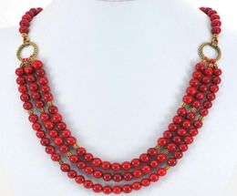 3 Strands Red Coral Round Beads Gold Toggle Necklace 19quot 4314087