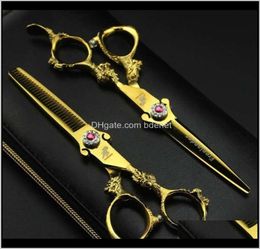 swivel shears 6Dot0quot 2Pcs Sharp Dragon Handle Gold Barber Hair Scissors Set Salon Cutting Thinning Shears Hairdressing Flat T4079538