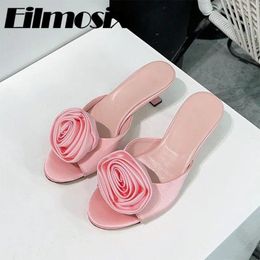 Slippers 2024 Summer Satin Flower Peep Toe Women Sexy Thin Heels Outside Mules Sweet Fairy Shoes