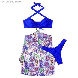 Women's Swimwear Bikinis Set 3Pcs/Set Women Swimwear Halter Quick Dry Printing with Skirt Push Up Swim Pool Matching No Underwire Sexy High Waist 1 T240415