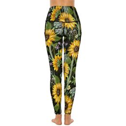 Sunflower Art Leggings Sexy Sunflowers Blooming Workout Yoga Pants High Waist Stretch Sports Tights Pockets Funny Design Leggins