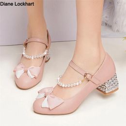 Dress Shoes 2024 Spring Girls High Heels Mary Jane Pumps Party Wedding White Pink Beige Beaded String Bow Princess Cosplay Summer Women Shoe