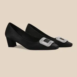 Dress Shoes Black Etiquette Spring And Autumn Diamond Square Buckle High-heeled Satin Thick Mid-heeled Bridesmaid Not Tire