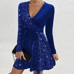 Casual Dresses Fashion Patchwork V-Neck Velvet Contrast Sequin Wrap Dress Elegant Party Tie-Up Mini For Women 2024 Spring