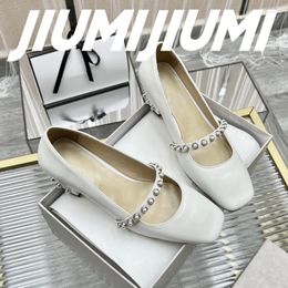 Dress Shoes JIUMIJIUMI Handmade Woman Solid Shallow Square Toes Pumps Pearl Decora Heels Slip-On Sweet Mary Janes