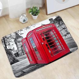 Bath Mats Retro Nostalgic Bathroom Mat Red Phone Booth Bus Black And White Building Floor Decor Non-Slip Rug Kitchen Doorway Aisle Carpets