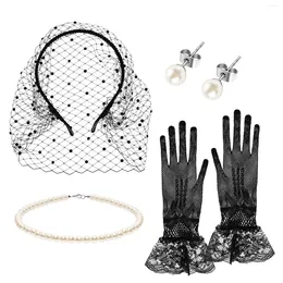 Bandanas Headband Glove Necklace Pearl Women Black Fascinators With Diamond Veil Plastic Studs Gloves Women's Tea Party